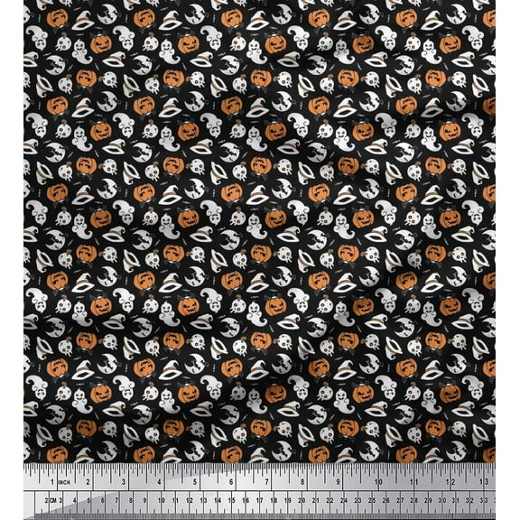Soimoi Velvet Fabric Witch Hat,Skull & Ghost Halloween Print Sewing Fabric Yard 58 Inch Wide