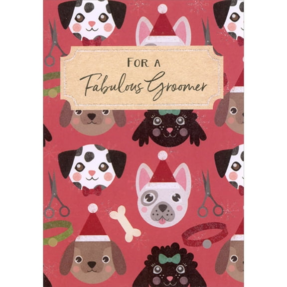 Designer Greetings Repeated Dog Faces, Scissors and Collars on Red Christmas Card for Pet Groomer