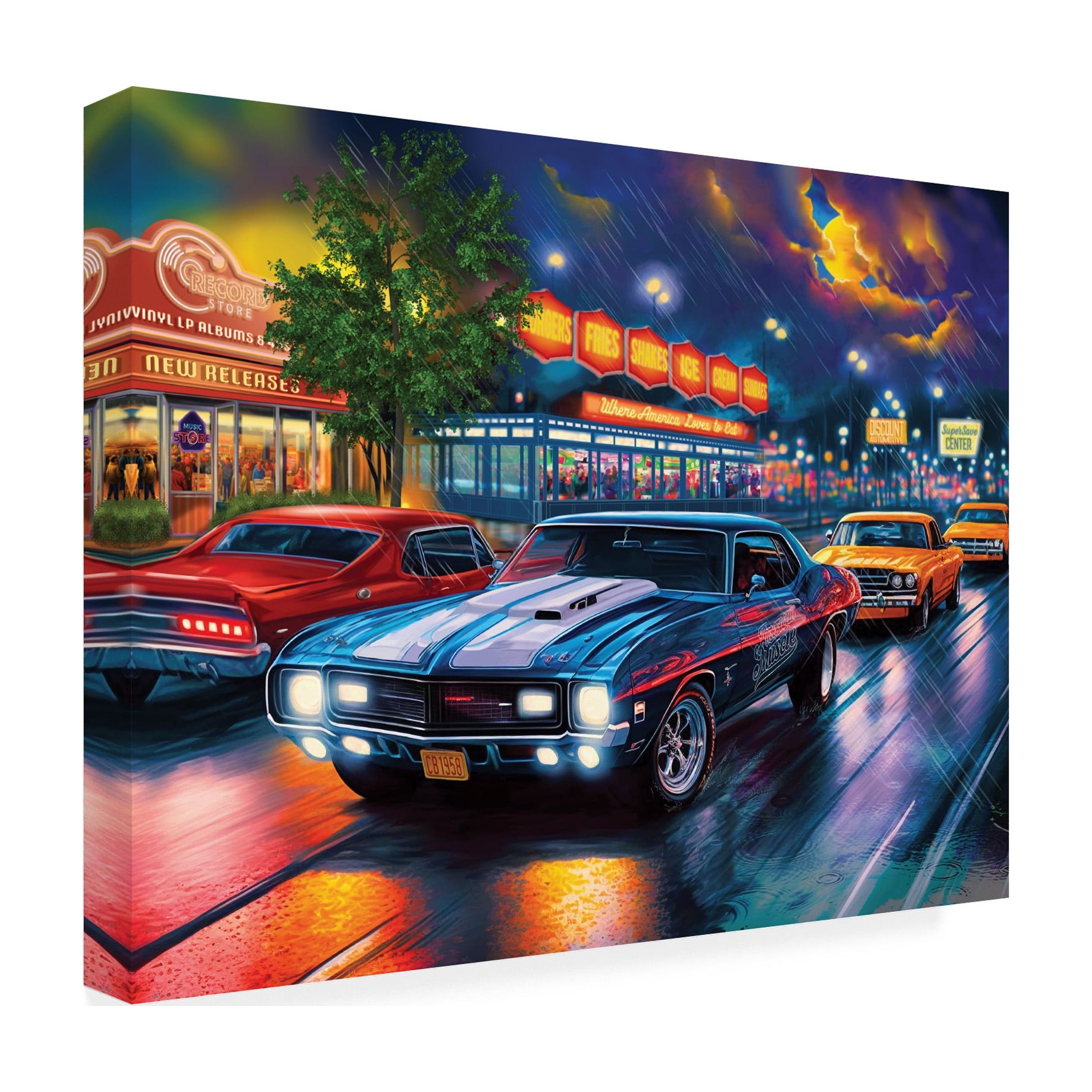 Canvas Wall Art - Bigelow Illustrations 'Rain on the Boulevard' Wall Art for Living Room, Bedroom, or Office DÃ©cor by Trademark Fine Art - 47 x 35 Inches