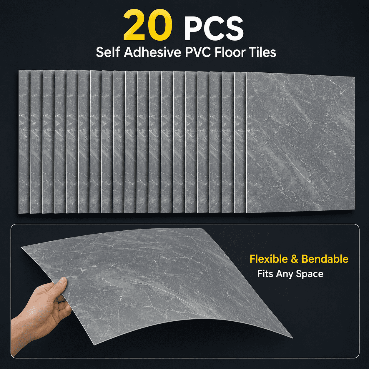 Peel and Stick PVC Vinyl Flooring 20-Pack 24x24 Inch, Self-Adhesive Floor Tiles and Waterproof Flooring for Home Kitchen Bathroom, Gray Marble Pattern