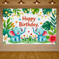 thumbnail image 7 of Happy Birthday Banner with Adorable Blue Elephants Tropical Leaves and Fairy Lights Background Party Decoration for Birthday Party Photography Props Backdrop Supplies, 7 of 7