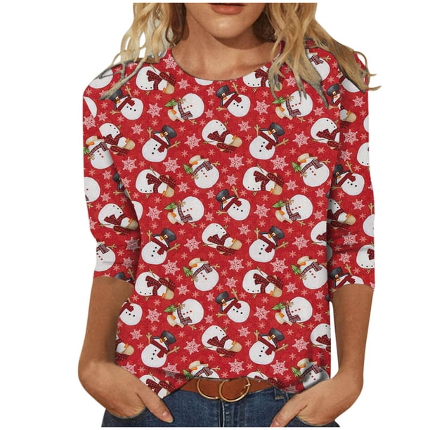 Tops Navideños Para Mujer Blusas Moda Impreso Camiseta Suelta 3 4 Mangas Cuello Redondo Casual Odeerbi ODB191543