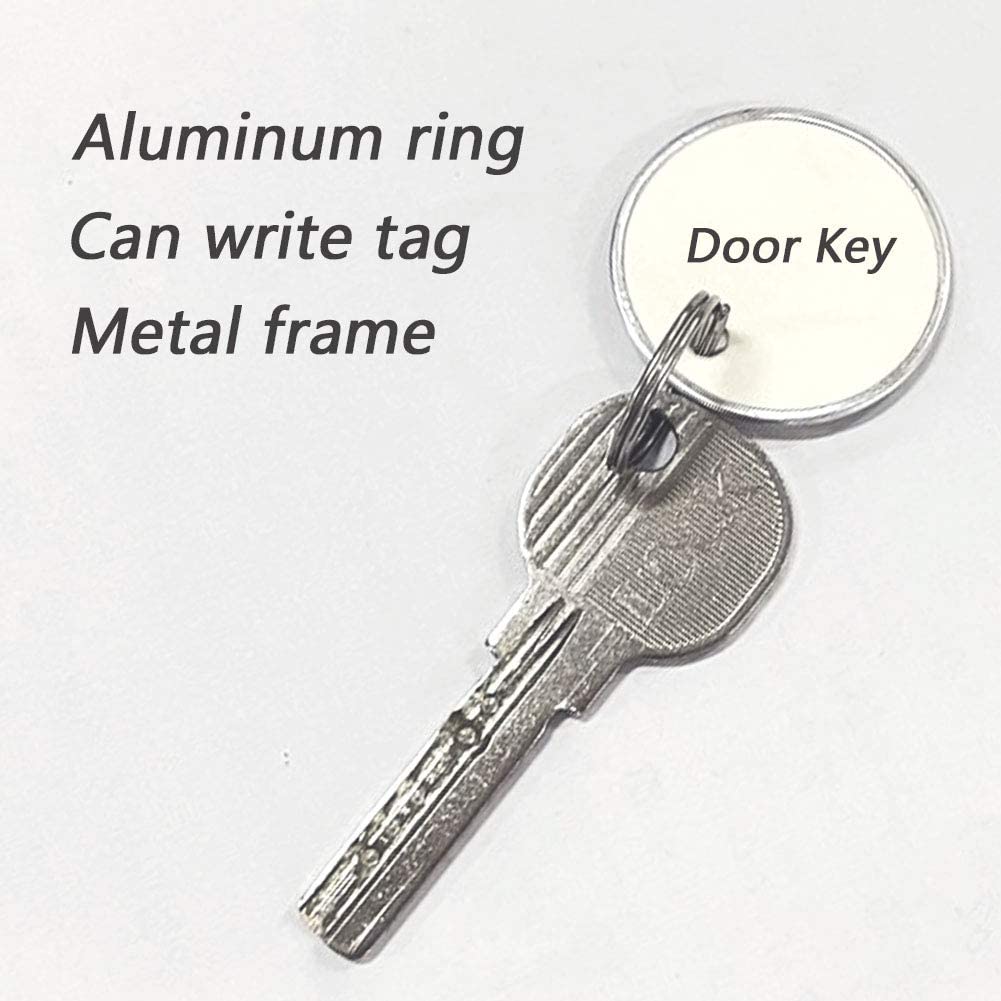 100PCS Metal Rim Key Tags,1.26 Inch Blank Round Rimmed Key Tag Paper Tags with Metal Split Rings,Small Coded Key Chain Keyring Set for Luggage,Pets,Kids Backpack,(White)