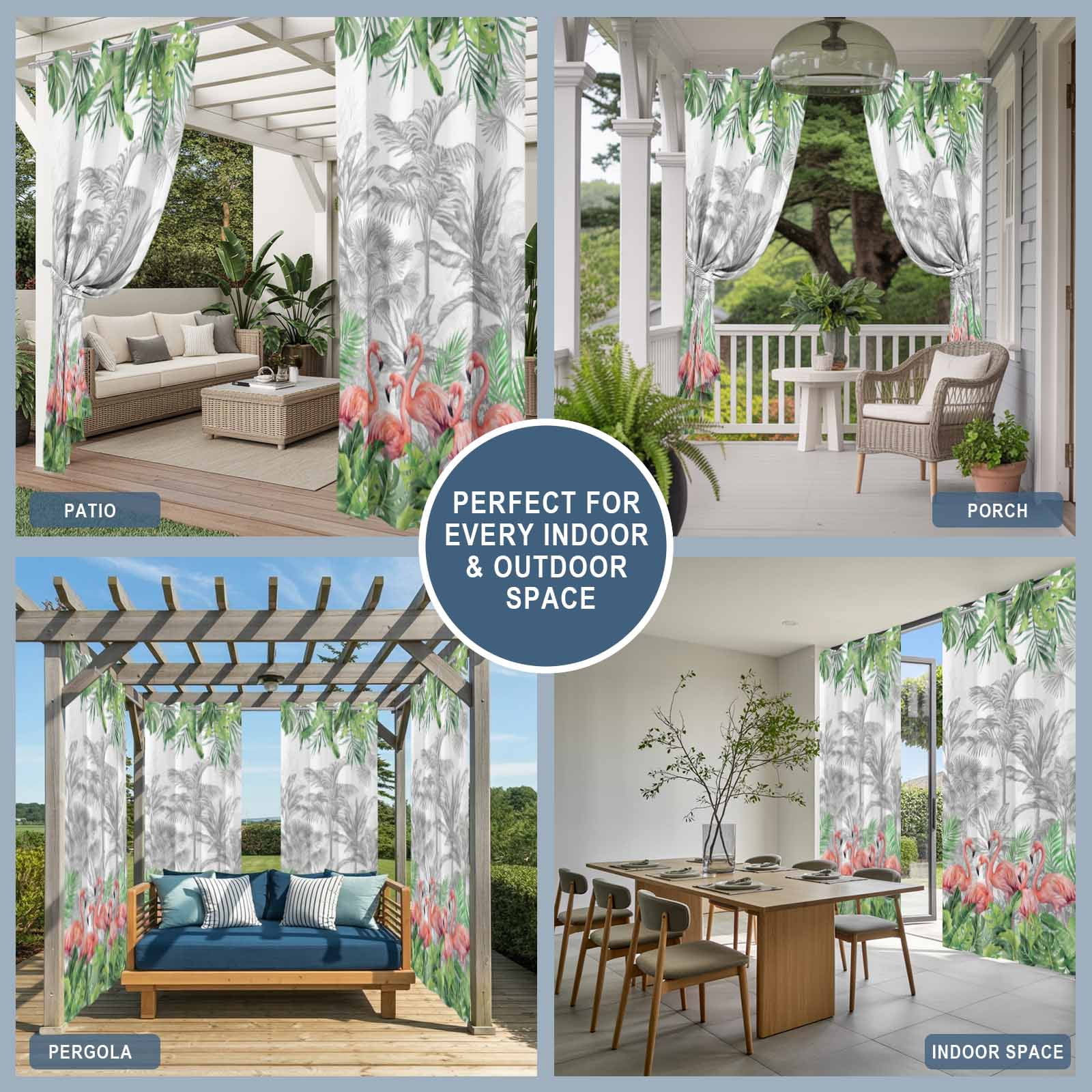 Summer Tropical Outdoor Curtains for Patio, Pink Flamingo Jungle Green Palm Leaves Grey Sunshade Privacy Drapes Grommet Waterproof Outside Curtains for Porch/Cabana/Balcony 54"x 108", 1 Panel
