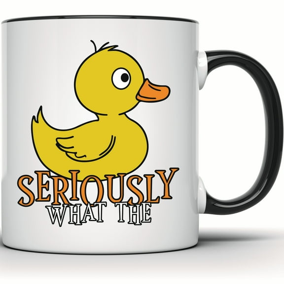 Funny Duck Mug - Seriously What the Duck Novelty Coffee Tea Cup - Gag Gift for Duck Lovers - Cute Animal Rubber Ducky Mug - 11 Ounce Black Rim Handle Novelty Coffee Cup - WMUG1711-BLK