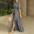 thumbnail image 3 of Xaqiouau Women Solid Color V Neck Short Sleeve Wrap Maxi Dress Waist Tie Front Slit Elegant Flowy Boho Chic Casual Vacation Daily Summer Dress Black XXL, 3 of 5