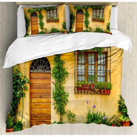 Tuscany Bedding - Italy Duvet Cover Set, Porch with Different Flowers Pots Fresh Green Plants City Life in Tuscany, Decorative Bedding Set with Pillow Shams, Apricot Green Brown, by Ambesonne