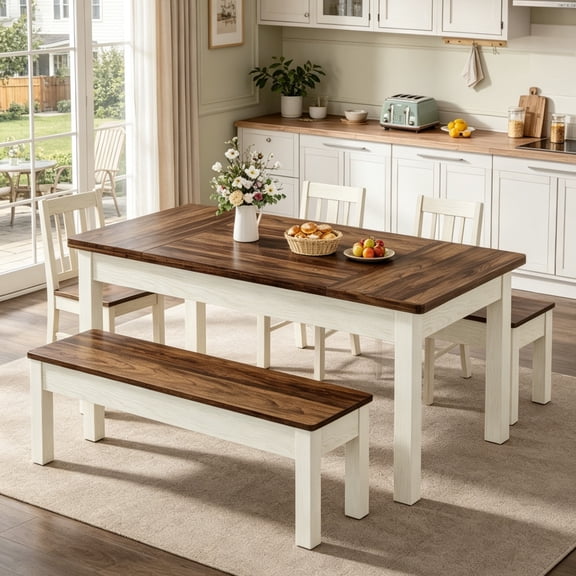 Fnova 3 Pieces Dining Table Set for 4-6 with 2 Benches, 55" Farmhouse Wood Kitchen Table and Space Saving Tuck Under Benches for Kitchen Dining Room