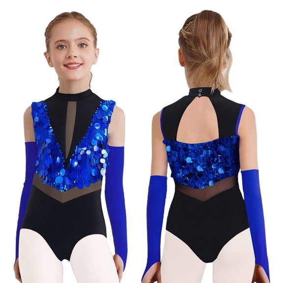 Aislor Gymnastic Outfits for Girls Sequins Ballet Leotard Color Block Latin Jazz Modern Dance Bodysuit with Gloves Royal Blue 6