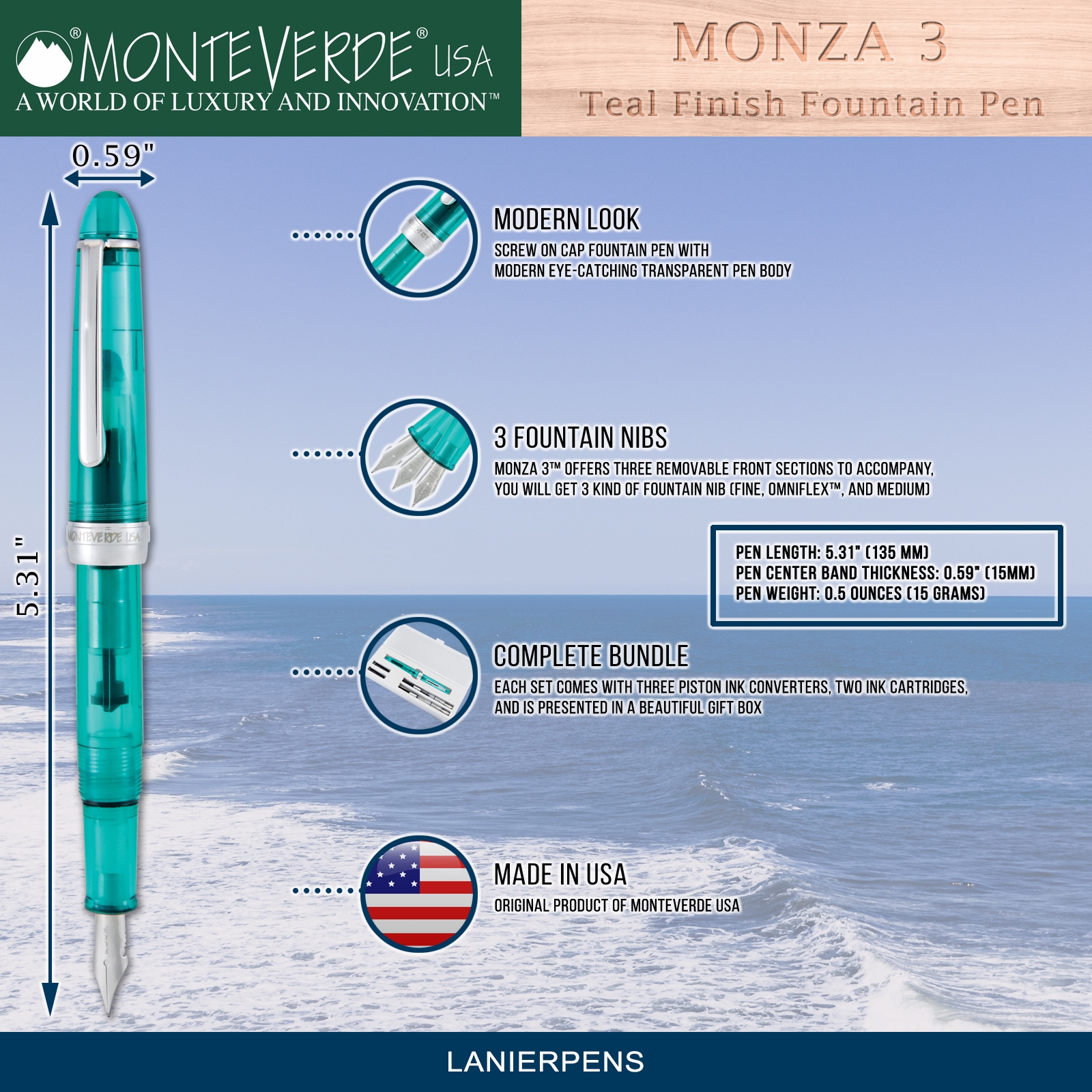 Monteverde Monza 3 Set Crystal Clear Fountain Pen, Teal