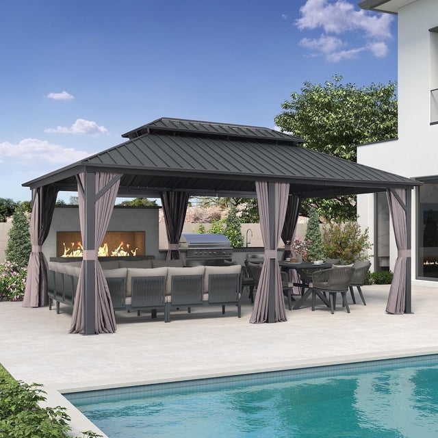 PURPLE LEAF Pavillon de Terrasse à Toit Rigide 12 Pieds X 18 Pieds Pavillon Extérieur Pavillon avec Toit Double en Acier Galvanisé pour Terrasse Pelouse Jardin Pavillon en Aluminium avec Moustiquaires et Rideaux Gris