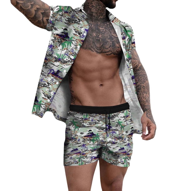 Conjunto casual de blusa y pantalones de playa de manga corta con estampado de botones para hombre Pompotops oipoqjl51704