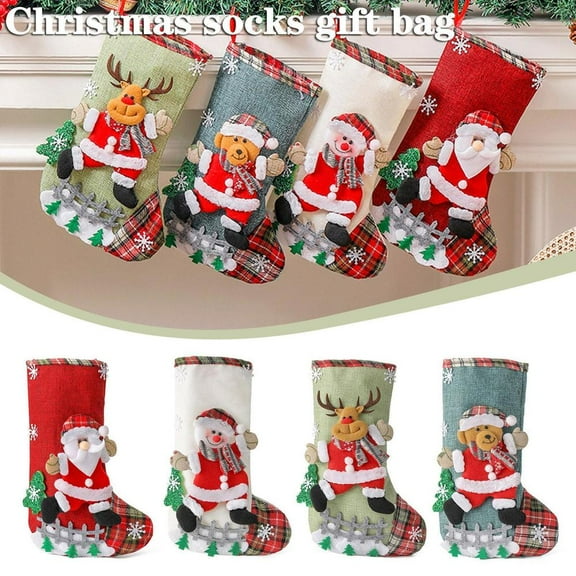 4 Packs Christmas Stockings 12 inch Sets Stocking Santa Snowman Deer Bear 3D Plush Xmas Decor Family Holiday Party Ornament