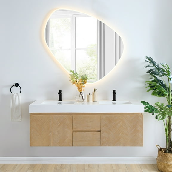 Siena 60" Wall-mounted Wood Vanity in Light Brown Artificial SInk with Mirror