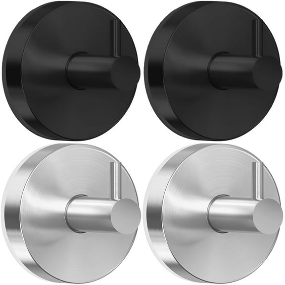 4 Pack Suction Cup Hooks – Towel Hooks for Bathrooms, No Drill Wall Mount, Waterproof Rustproof Stainless Steel for Glass, Tile, Mirror, Shower – Hang Towels, Robes, Loofahs (Black & Silver)