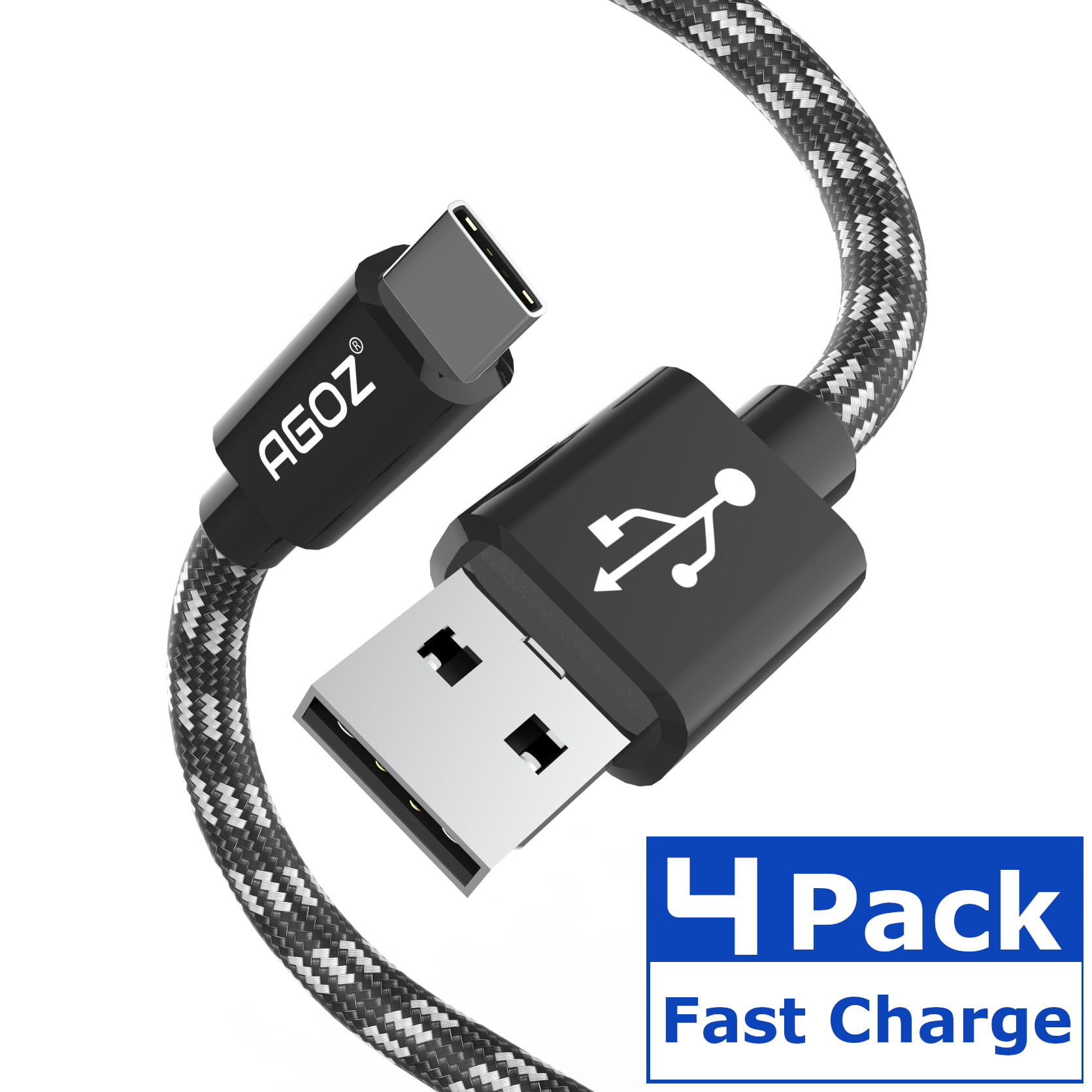 Agoz 4 Pack 10ft Durable Heavy Duty Braided Type C Usb Data Sync Fast Charging Charger Cable Cord For Gopro Hero Hero 6 Hero 7 Hero 8 Hero9 Black Hero Max Fusion Karma
