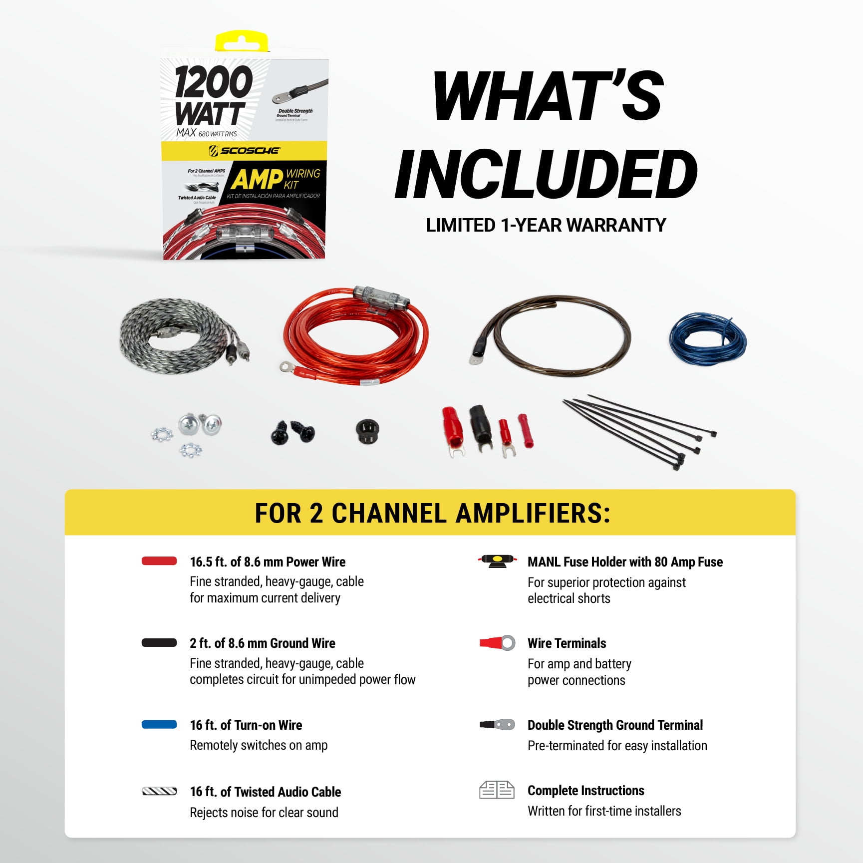 Scosche KPA6CC 1200-Watt Hybrid OFC/CCA Amplifier Install Wiring Kit with Twisted Pair Audio Cables