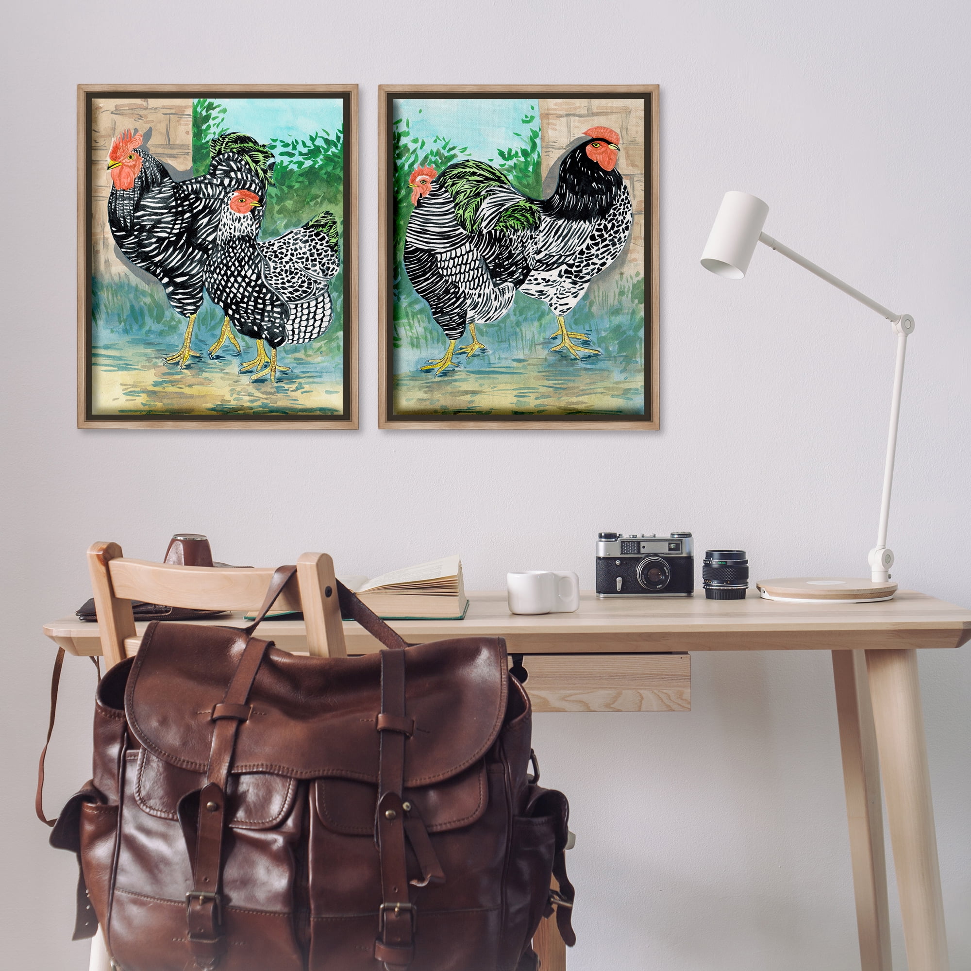 Stupell Industries Rooster and Hen Foraging Animals Painting Brown Floater Framed Canvas Art Print Wall Art, 31 x 25, Set of 2