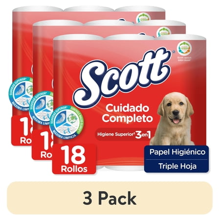 (3 pack) Scott Cuidado Completo 3-Ply Superior Hygiene Toilet Paper, 18 Triple Sheet Rolls