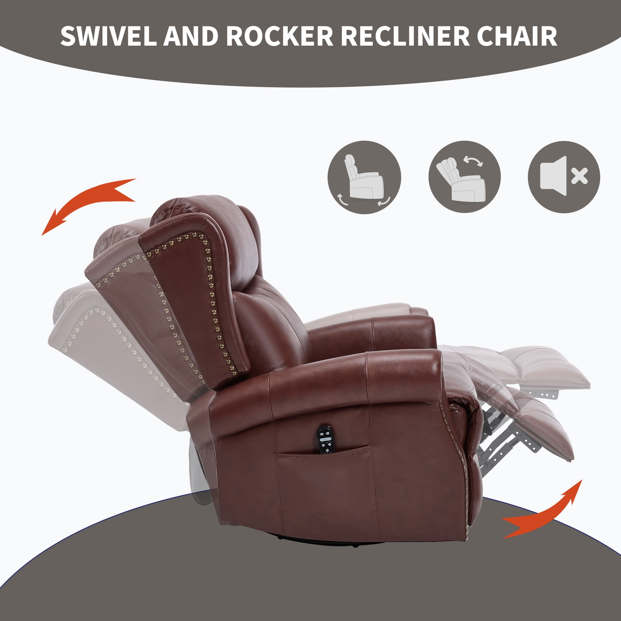 MAYEERTY 360 Degree Swivel Rocker Recliner Chair, Genuine Leather Manual Recline Glider Armchair with 8-Point Vibration Massage & Lumbar Heat, for Living Room Home Theater