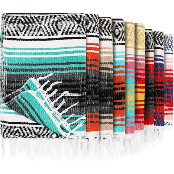 9 Pcs Mexican Blanket Bulk Large Yoga Blanket Striped Falsa with Fringed for Outdoor Beach Picnic Couch, 45 x 70 inch(Bright Colors)