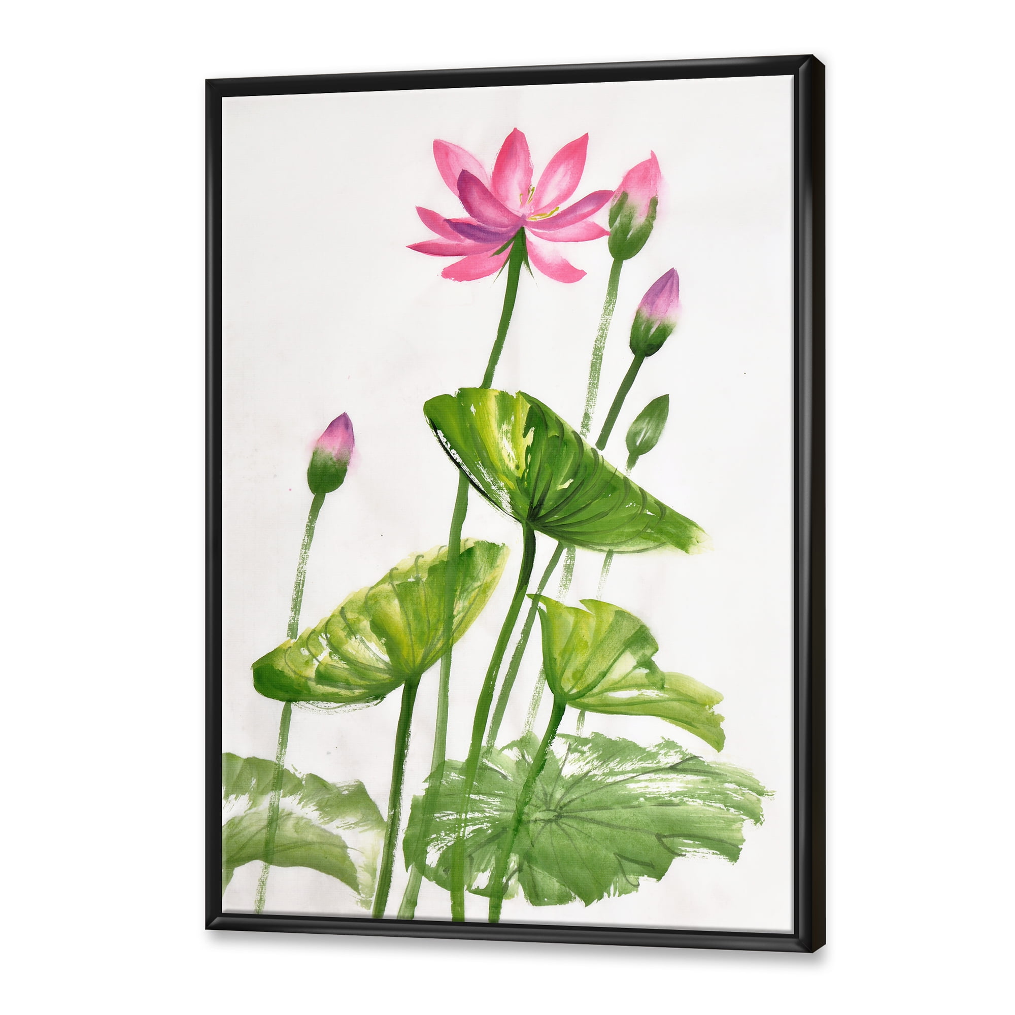 Designart 'Pink Vintage Lotuses In The Pond VII' Traditional Framed Canvas Wall Art Print