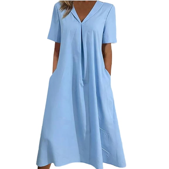 Roncen Womens Cotton Linen Dress Loose Casual Pleated Midi Dress Fashion V Neck Short Sleeve Summer Dresses with Pockets
