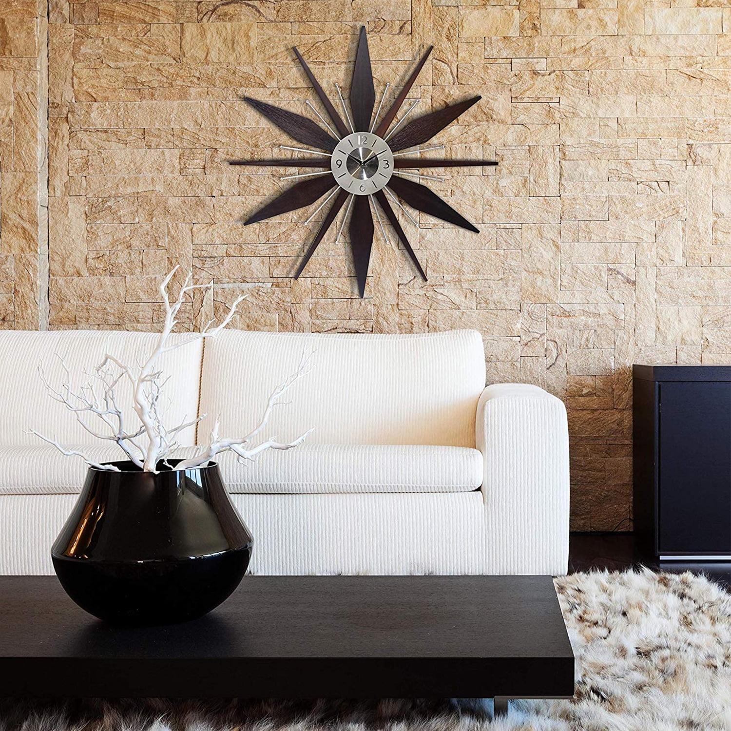 Infinity Instruments Sunburst Mid-Century Utopia Metal Wall Clock, Dark Walnut