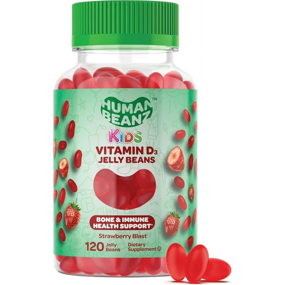 Human Beanz Kids Vitamin D3 Jelly Beans 1000 IU, Bone & Immune Support for Children, Vegetarian D3 Gummies, Gluten-Free Non-GMO Kosher Halal, 120 Strawberry Gummies