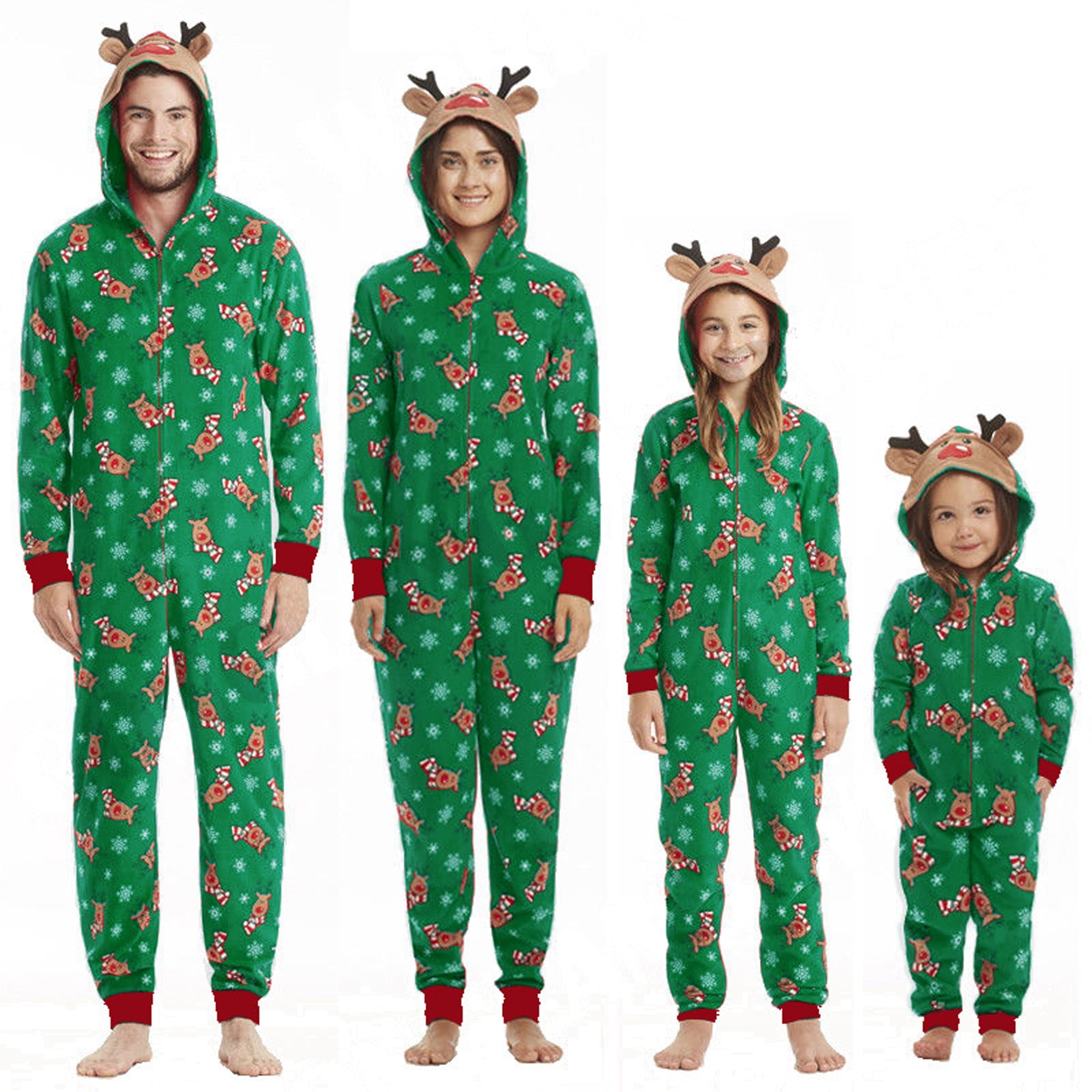 Christmas Family Matching Hoodie Pajamas Reindeer Romper Long Sleeve One Piece Jumpsuit Zipper Pjs for Adult Kids Baby