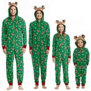 LUIRYARE Family Matching Christmas Pajamas Sets,Green Long Sleeve Cartoon Deer Print Hooded Jumpsuit Men Women Kids Baby Sleepwear