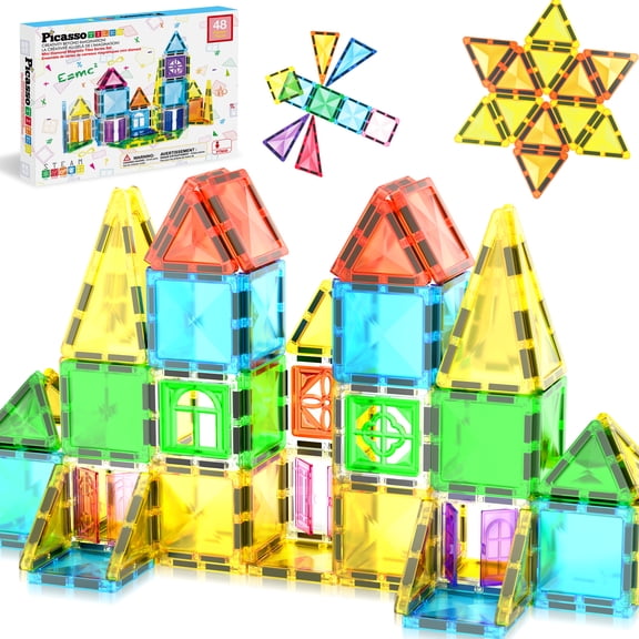 PicassoTiles Mini Magnetic Tiles for Kids – 48PCS STEM Construction Building Blocks Travel Toy Set, Educational Portable Building Kit for Toddlers