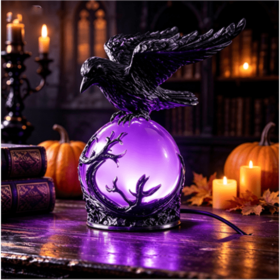 Gothic Crow LED Lamp A, Mysterious Raven Perched on Glowing Orb Resin Sculpture, Halloween Spooky Night Light Tabletop Decor Accent