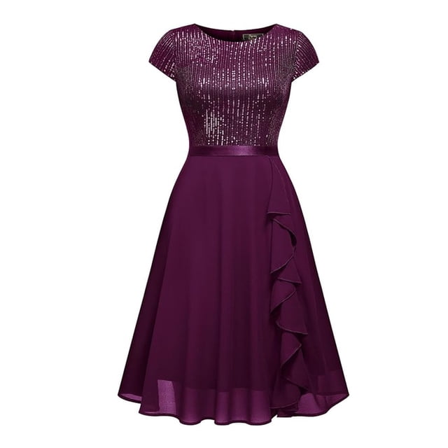 QJUHUNG Robe Midi Formelle pour Femmes Soirée Été Col en V Manches Courtes T-Shirt Soirée Invité de Mariage Style Asymétrique B-8 Cocktail Gris_i L