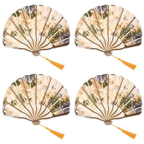 4X Classic Style Peony Flower Fabric Bamboo Folding Dance Hand Fan Beige,4 x hand fan,beige