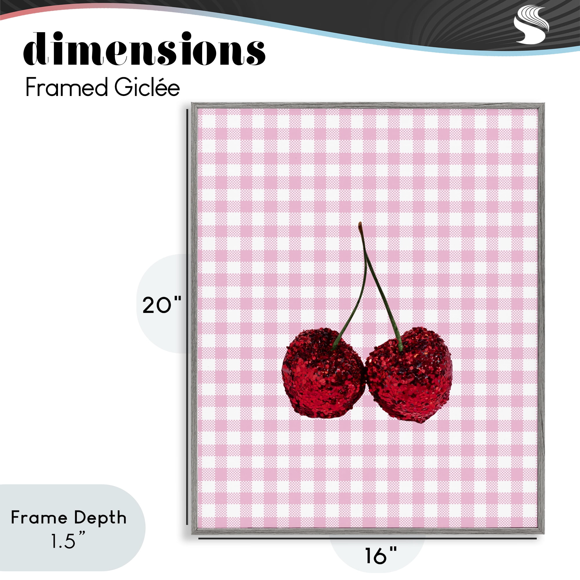 Stupell Industries Glitter Cherry on Pink Gingham Gray Framed Giclee Art, design by LISH Creative
