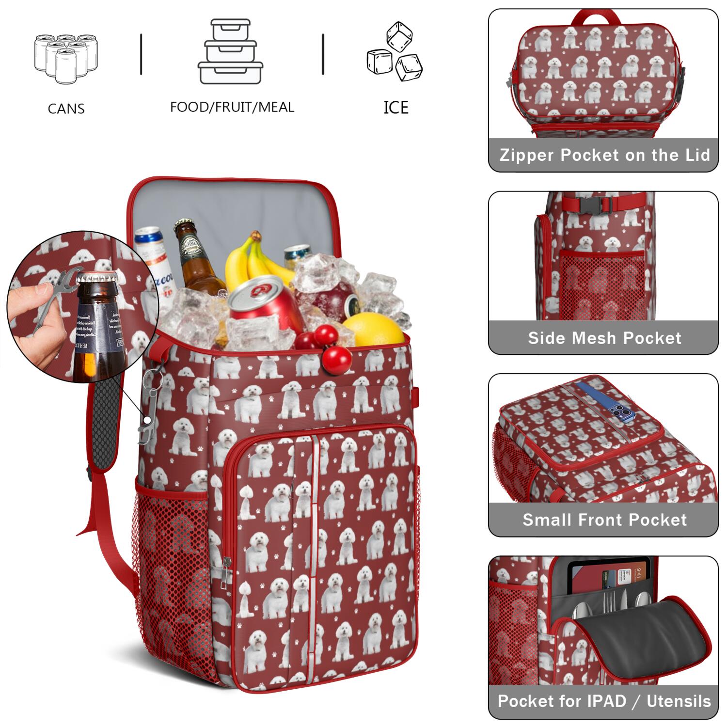 Travel Cooler Bag - Pink Bichon Frise Camping Beer Cooler Backpack with Bottle Opener- Waterproof Insulated Picnic Backpacks - Cooler Bag for Beach
