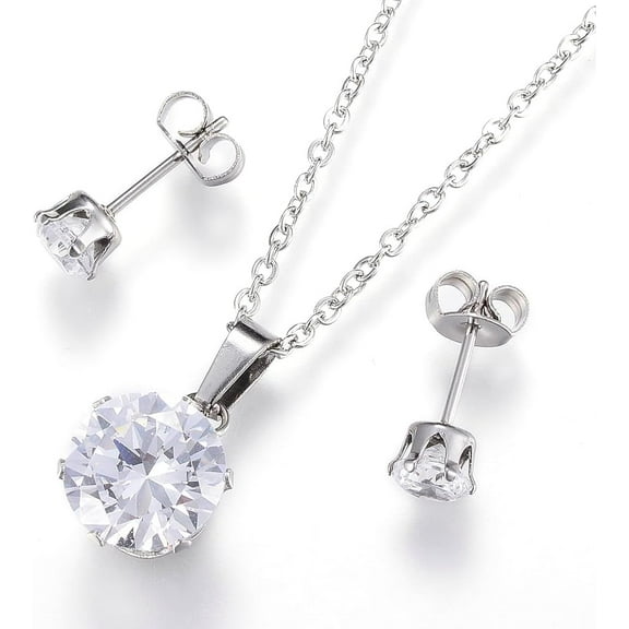 1 Set 304 Stainless Steel Jewelry Sets Pendant Necklaces and Stud Earrings with Cubic Zirconia for Women Valentine Gift Stainless Steel Color 17.7 inch(45cm) 5mm Pin: 0.8mm