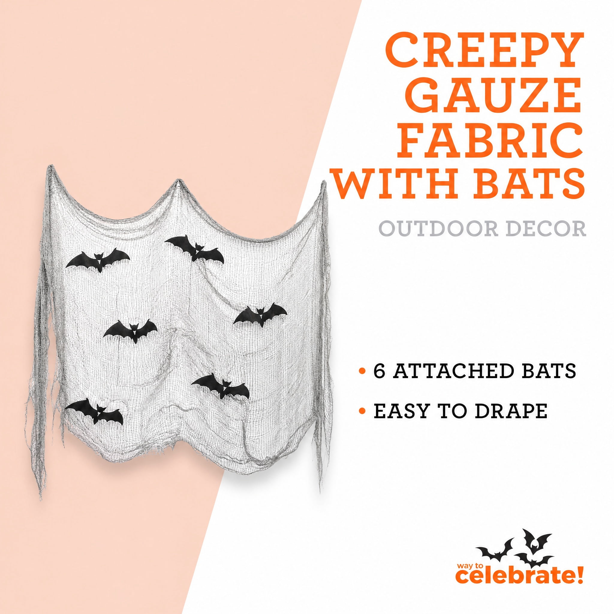 Creepy Gauze Fabric with Bats, Gray, 29.5" x 118", Halloween by Way To Celebrate