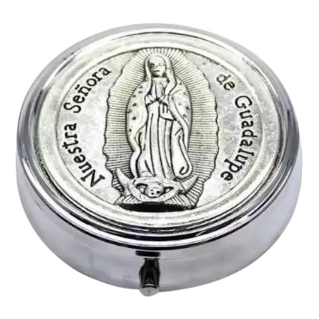 Porta Rosario, Virgen de Guadalupe, alhajero pequeño, joyero de metal, Virgen Maria