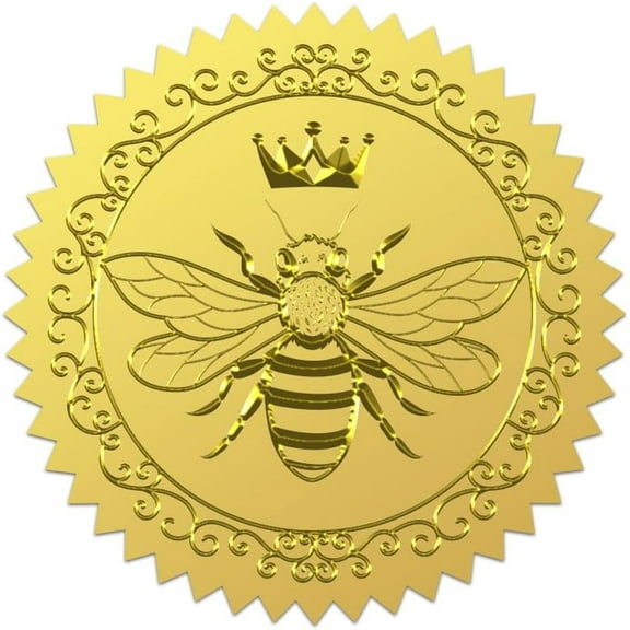 100Pcs Crown Bee Gold Foil Stickers 2 Inch Insects Theme Gold Envelopes Seals Bumble Vintage Bee Round Self Adhesive Embossed Seal Labels for Invitations Greeting Card Envelopes