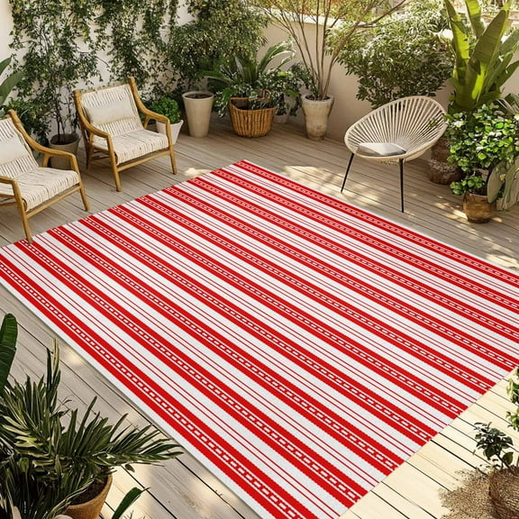 Fsddascl Boho Red Stripe Outdoor Rug for Patio/Deck/Porch, Non-Slip Large Area Rug 5 x 8 Ft, Abstract Geometric White Minimalist Indoor Outdoor Rugs Washable Area Rugs, Reversible Camping Rug Carpet