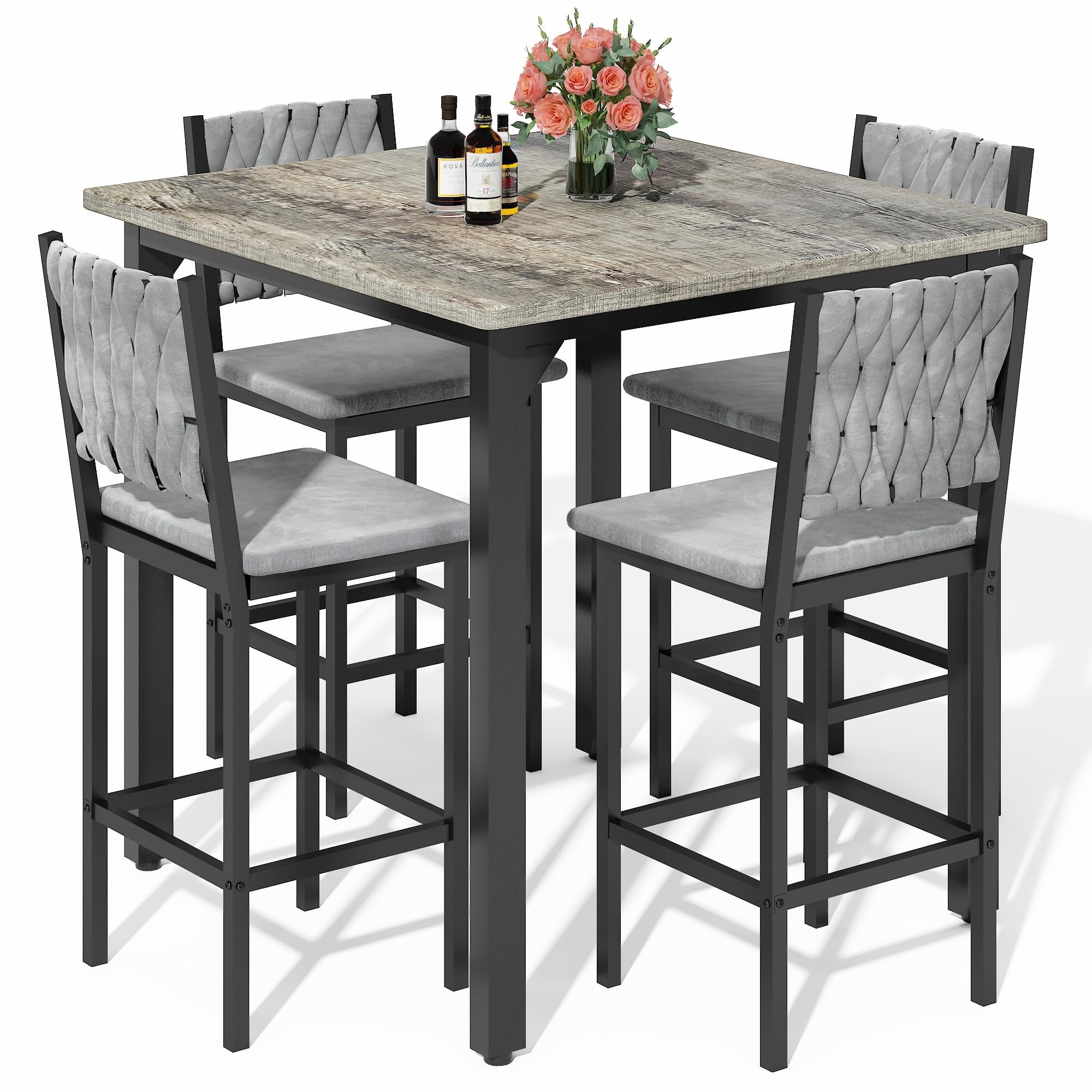 LinkRomat Dining Table Set for 4, Wooden Counter Height Table & 4 Velvet Bar Stools, Modern Kitchen Table with Chairs, Compact Dinette Set for Small Spaces, Grey
