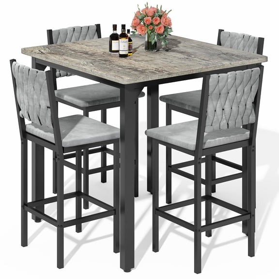 LinkRomat Dining Table Set for 4, Wooden Counter Height Table & 4 Velvet Bar Stools, Modern Kitchen Table with Chairs, Compact Dinette Set for Small Spaces, Grey