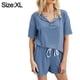thumbnail image 2 of Pijama azul Ropa de abrigo para mujer Ropa de casa Pantalones cortos de manga corta de color liso Conjunto casual de dos piezas, 2 of 5