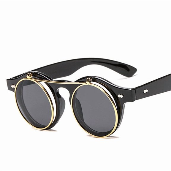 Womens Retro Round Steampunk Sunglasses Fashion Metal Frames Flip Cover Strong PC Metal Construction Universal