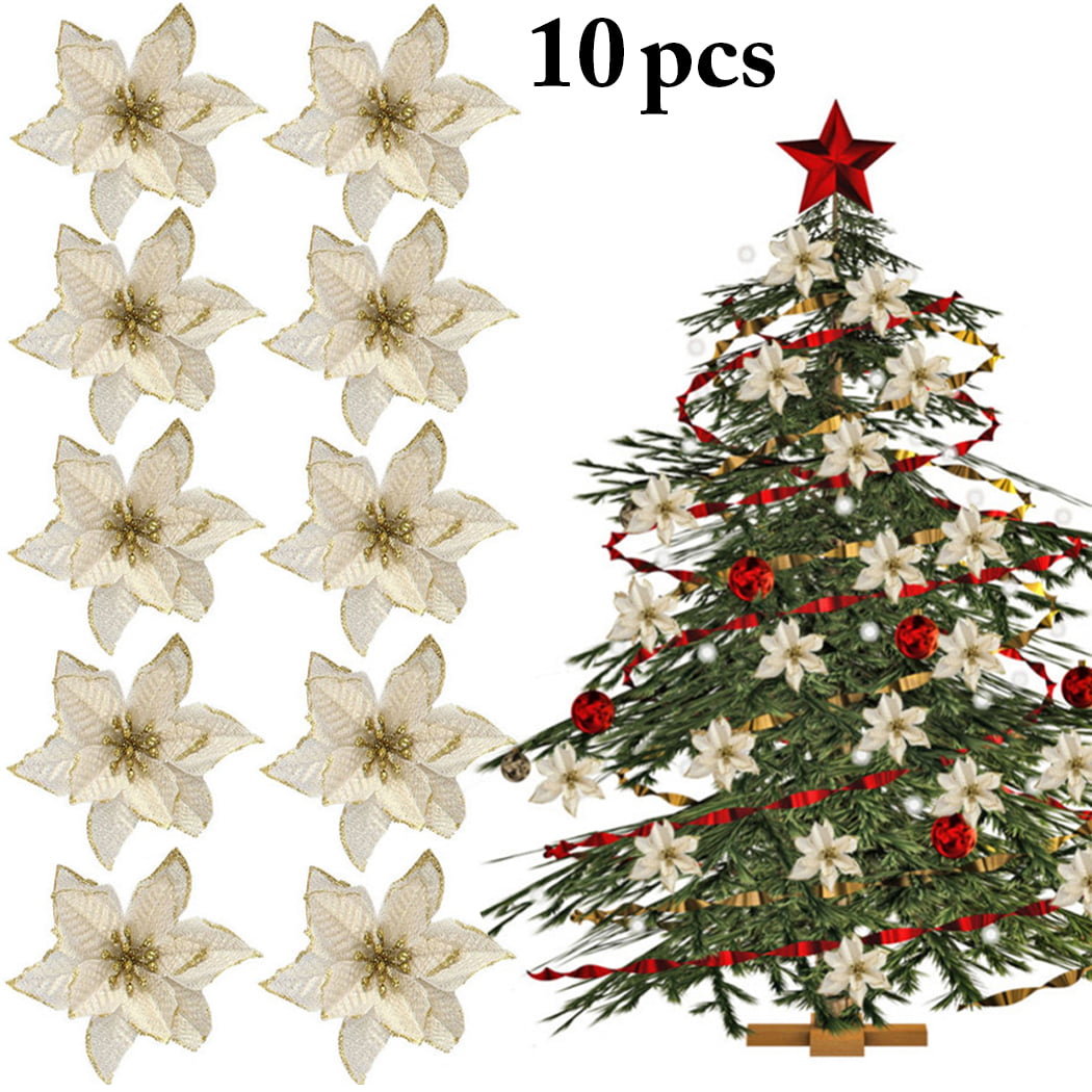 Red, Silver Yopay 40 Pack Glitter Christmas Poinsettia Decorations Artificial Silk Flowers for Christmas Tree Decorative 5 Inch