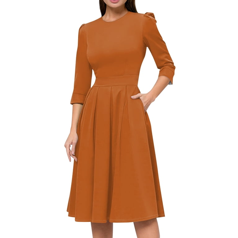 LISTHA Women's Fall 3/4 Sleeve Midi Dresses Casual Formal Church Wedding  Guest Work Clothes Ginger L - Walmart.com