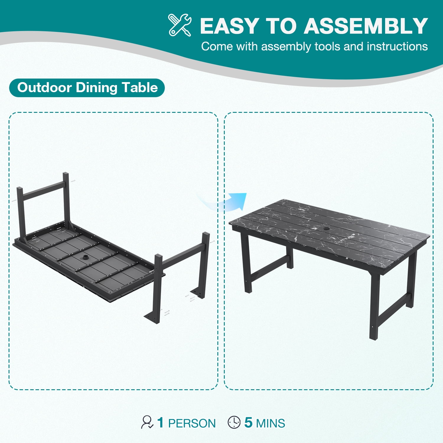 Erinnyees 7-Piece HDPE Outdoor Dining Set, 66.9" Marble Texture Patio Table with Umbrella Hole, and 6 All-Weather Chairs for Yard Deck Porch, Black