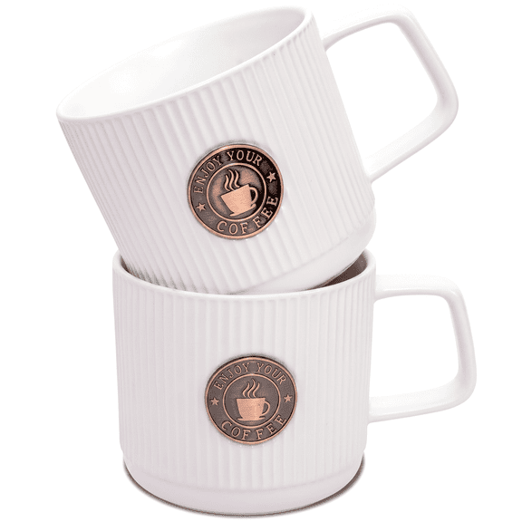 Topadorn Topadorn Ribbed Ceramic Coffee Mug Set of 2, 15 oz White Coffee Cups with Embossed Coffee Design, Minimalist Tea Cups for Home Office, Dishwasher & Microwave Safe
